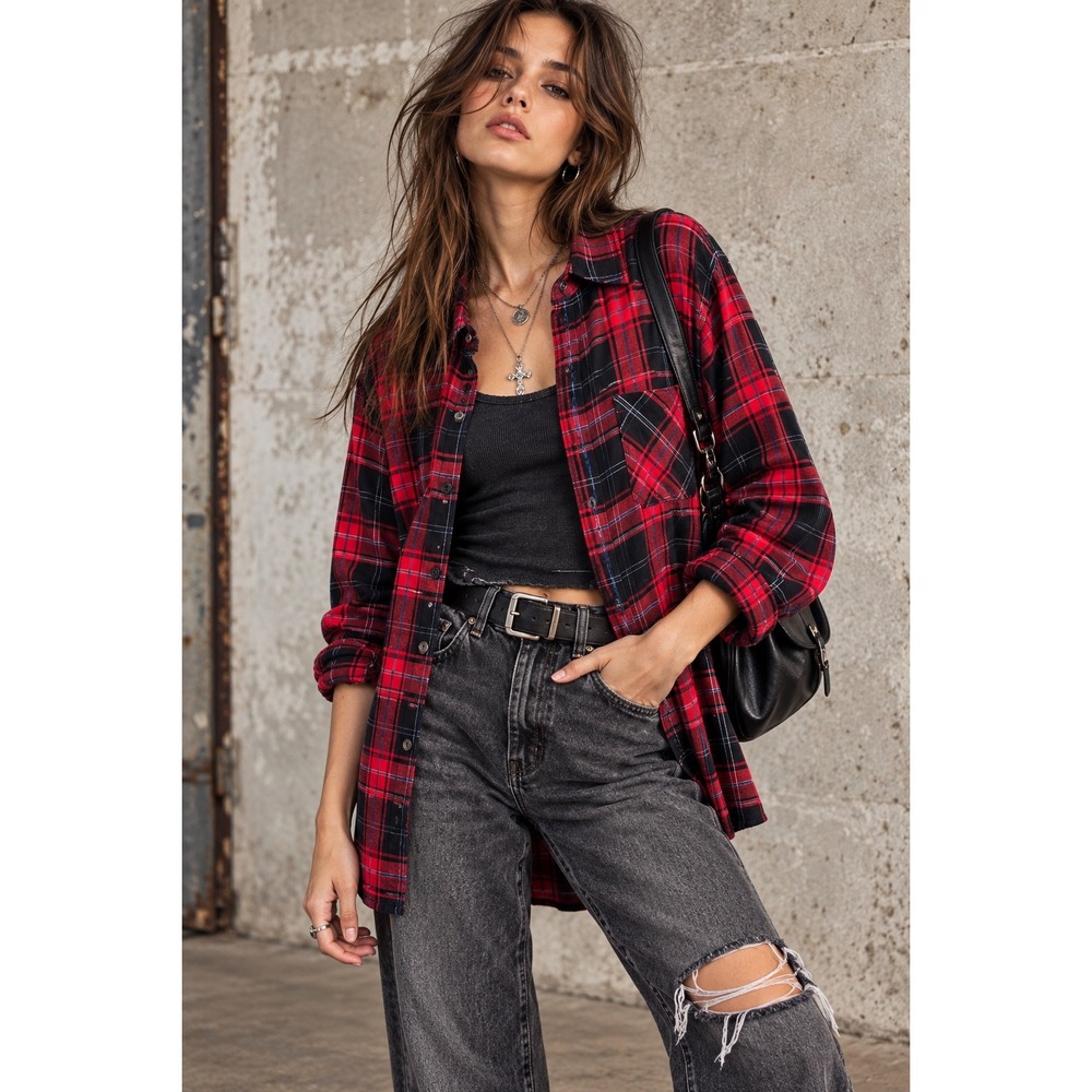Beach Lunch Lounge Plaid Shirt M Red Black 100% Cotton Grunge Dark Academia
